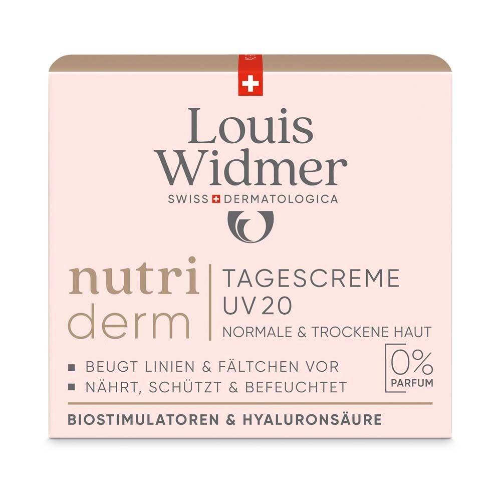 Boîte avec inscription : Louis Widmer, nutriderm, Crème de jour UV20. Pour peaux normales et sèches. 0% parfum.