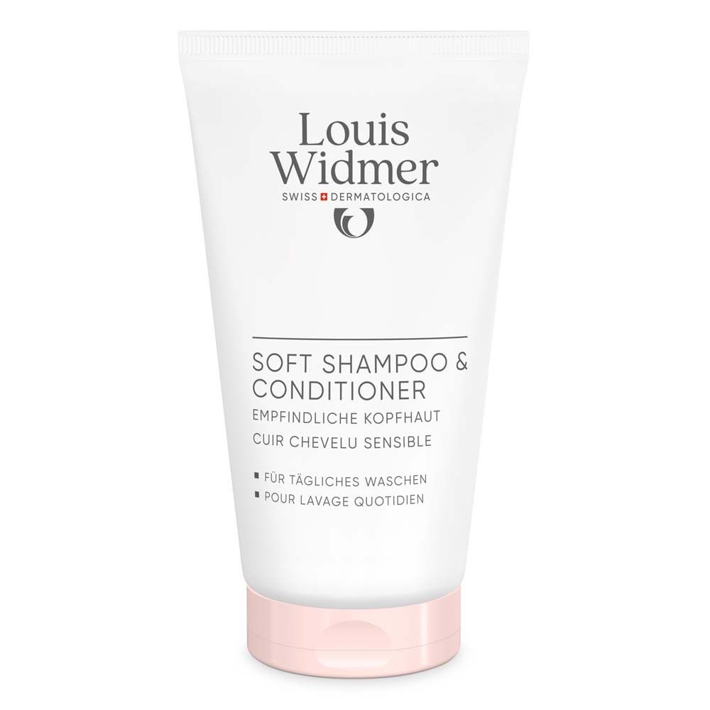 Tube blanche de shampooing et après-shampooing avec bouchon rose. Inscription : Louis Widmer, Soft Shampoo & Conditioner.