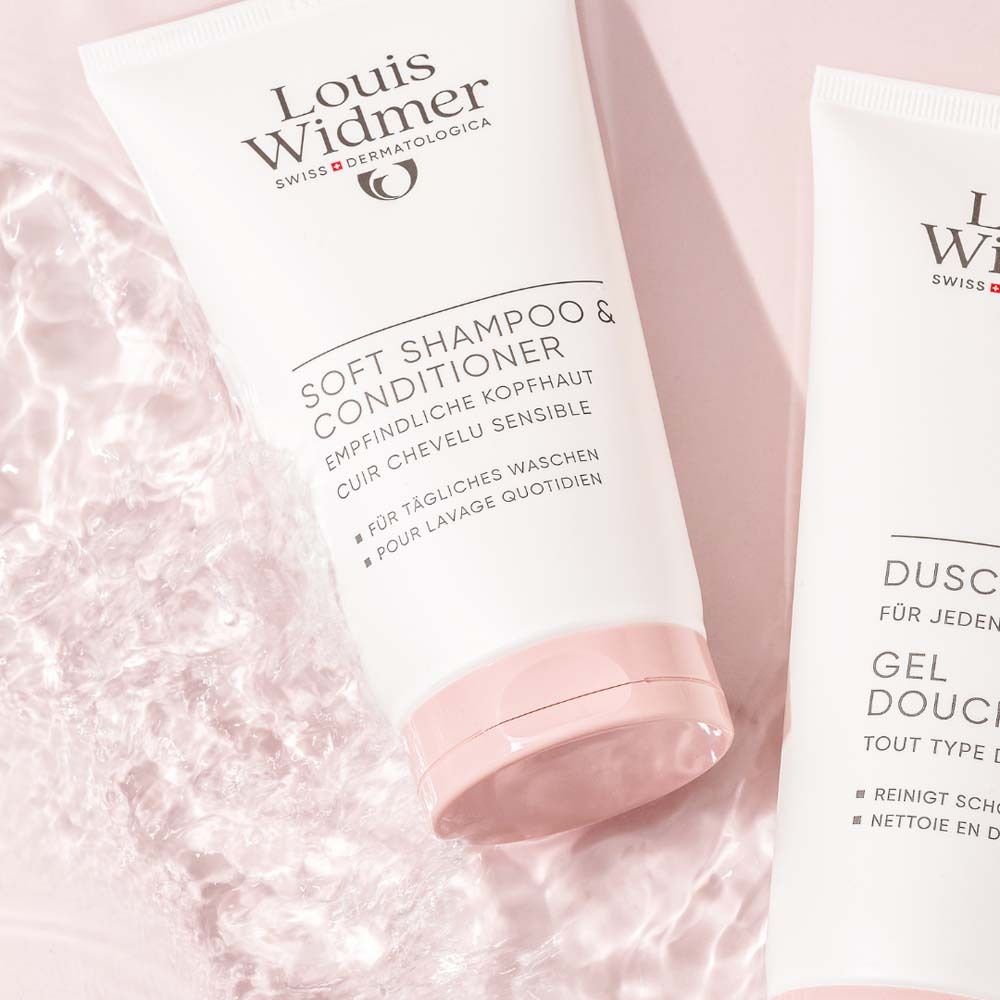 Emballage rose avec logo Louis Widmer et nom du produit : Soft Shampoo & Conditioner. Texte : Pour lavage quotidien.