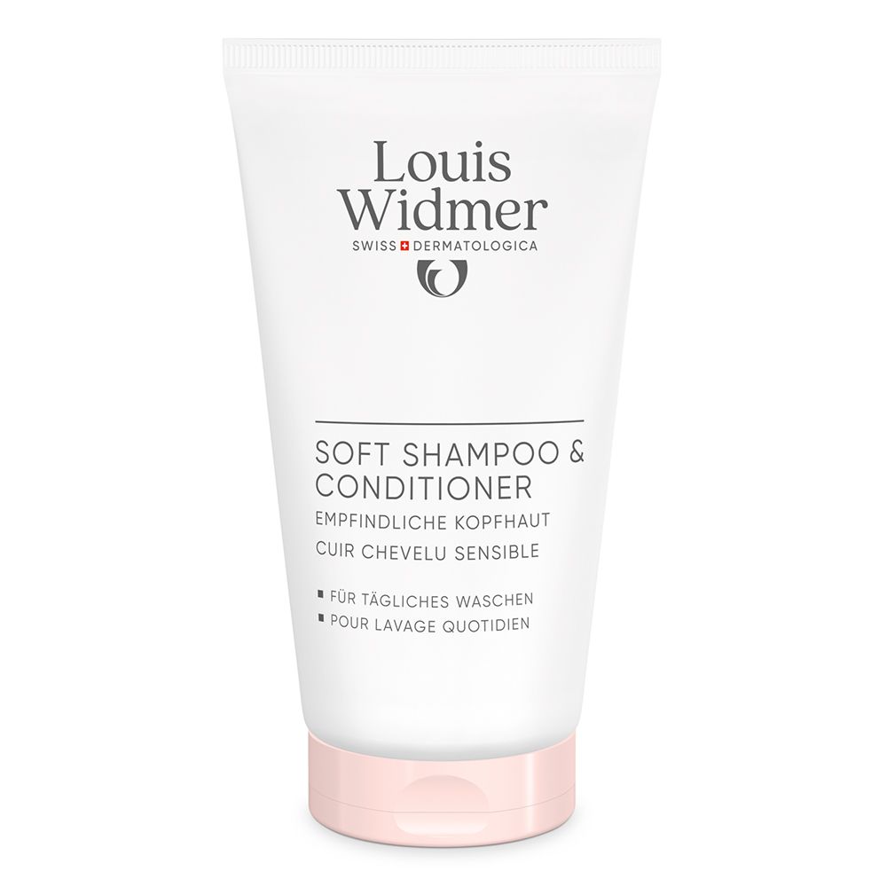 Tube Louis Widmer Soft Shampoo & Conditioner, non parfumé, pour cuir chevelu sensible.