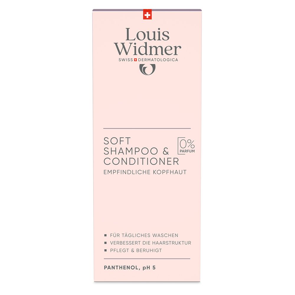 Emballage Louis Widmer Soft Shampoo & Conditioner, 0% parfum, pour cuir chevelu sensible.
