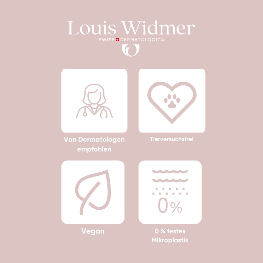 Icônes Louis Widmer : recommandé par les dermatologues, sans cruauté, vegan, 0% microplastique.