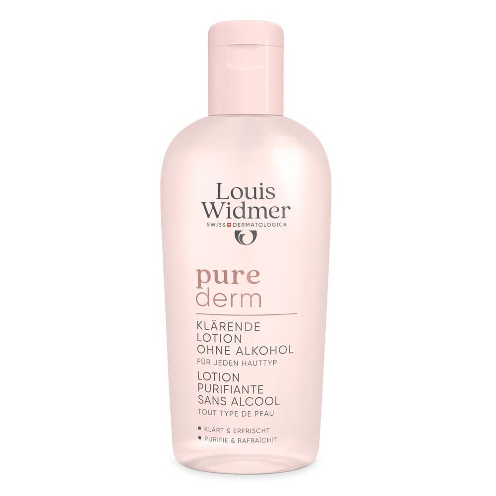Flacon rose de lotion. Inscription: Louis Widmer, pure derm, lotion purifiante sans alcool. Pour tous types de peau.
