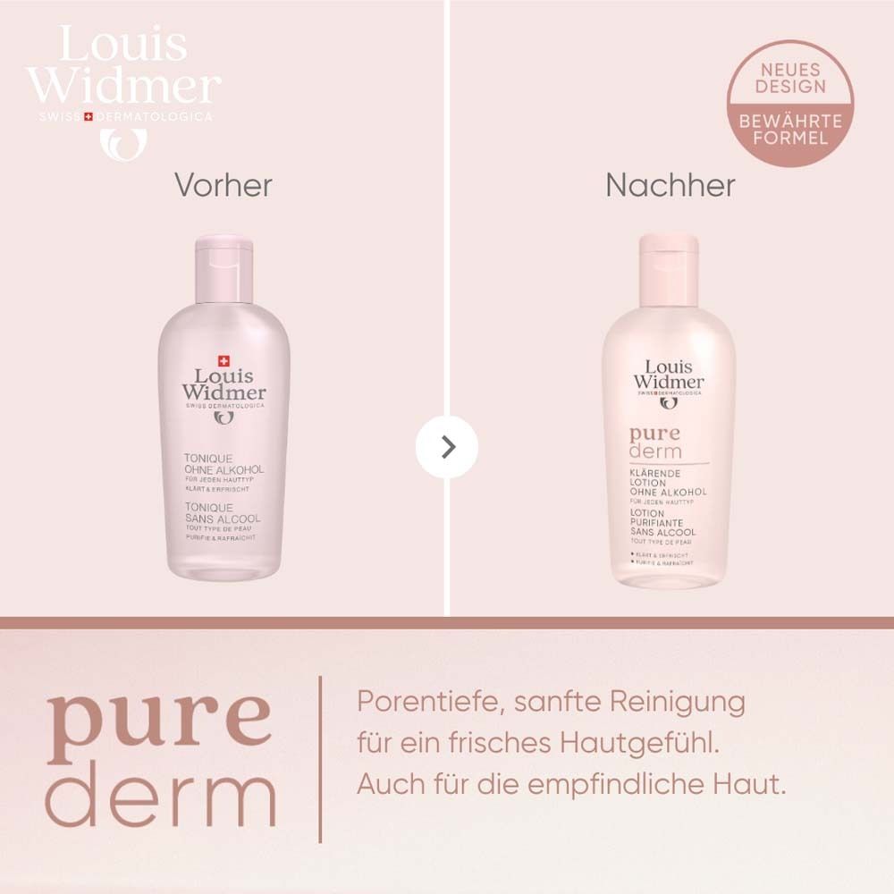 Comparaison de deux flacons de lotion. Gauche : Avant. Droite : Après. Texte : Nettoyage doux pour une peau fraîche.