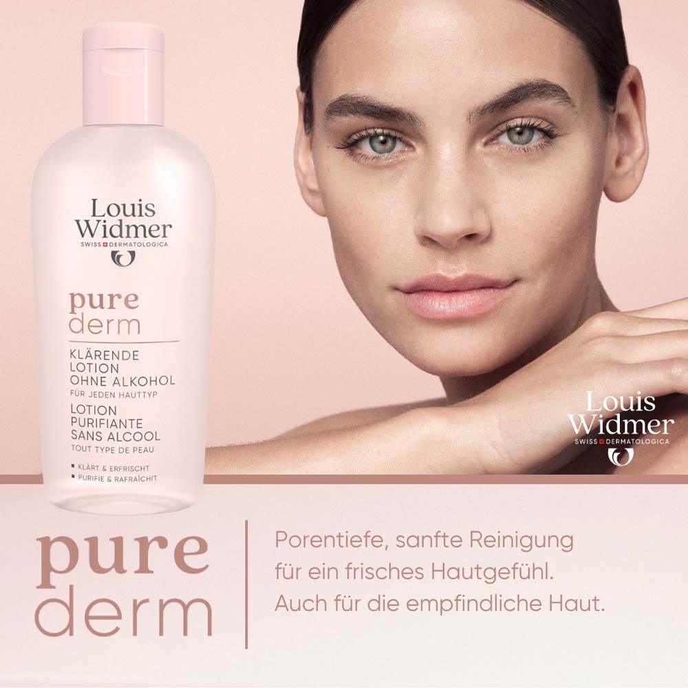 Femme avec visage. À côté : Flacon rose de lotion. Inscription : Louis Widmer, pure derm, lotion purifiante sans alcool.