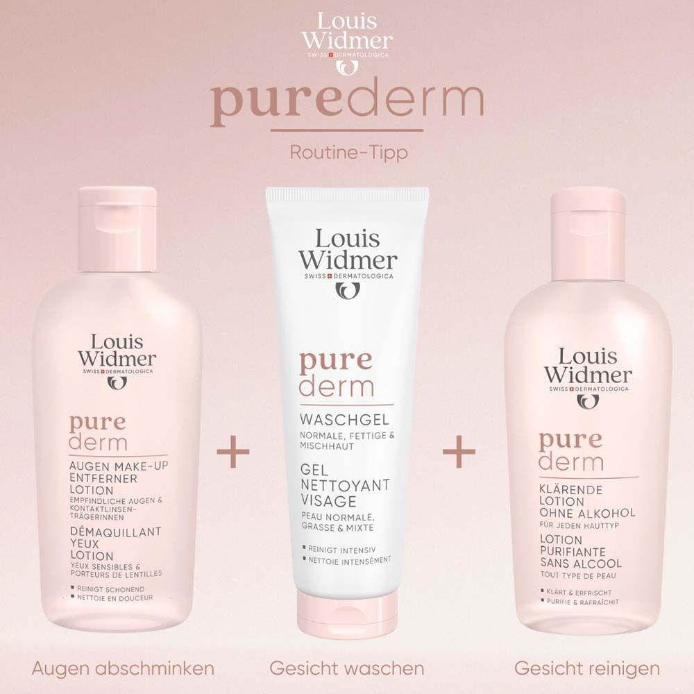 Trois produits. Gauche : Lotion démaquillante yeux. Milieu : Gel lavant. Droite : Lotion purifiante sans alcool. Texte : Nettoyer le visage.