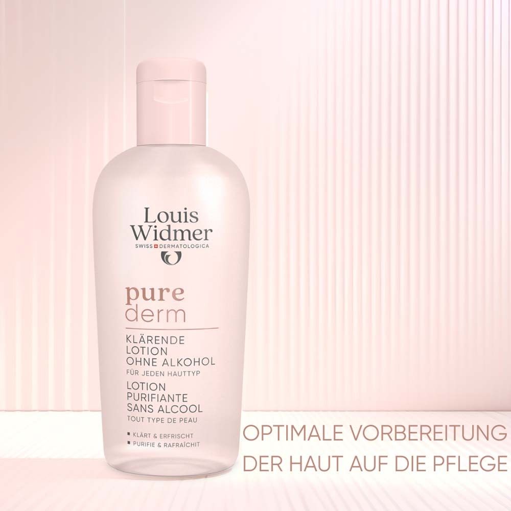Flacon rose de lotion. Inscription : Louis Widmer, pure derm, lotion purifiante sans alcool. Texte : Préparation optimale de la peau.