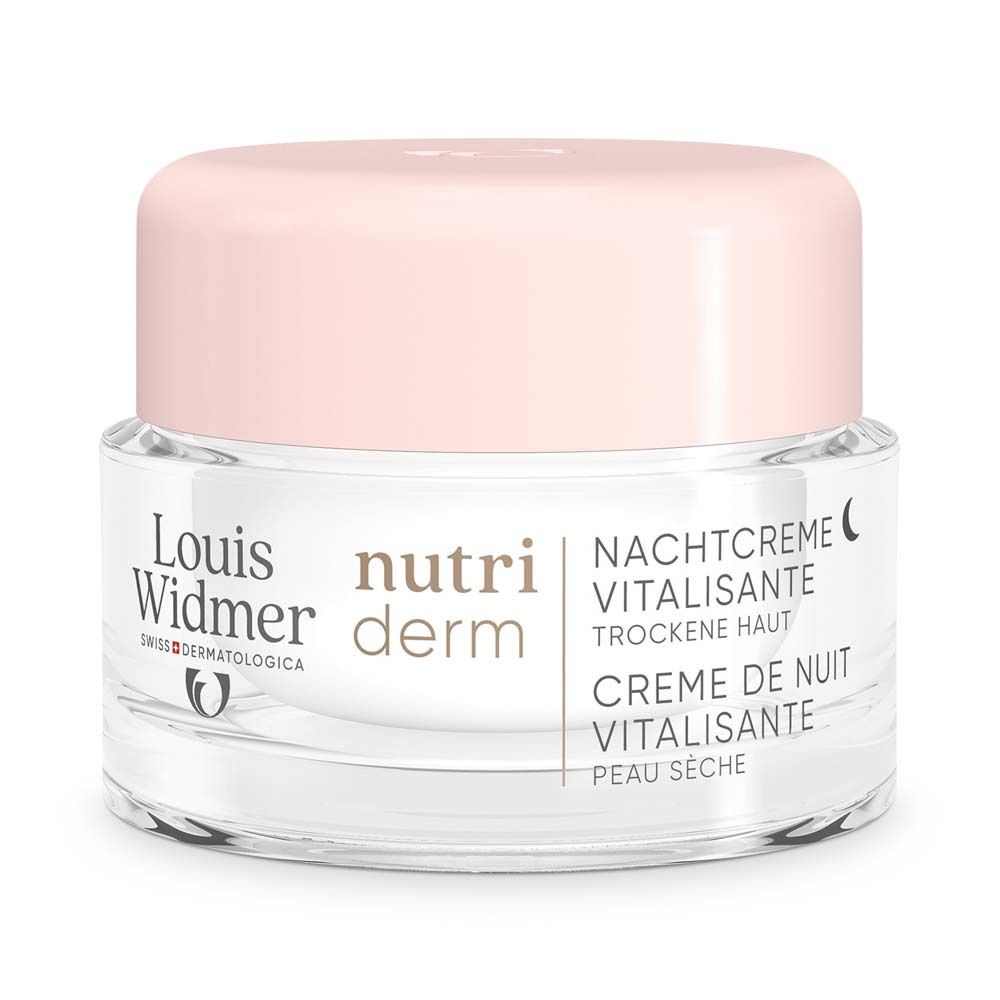 Pot de crème avec couvercle rose. Inscription : Louis Widmer, Nutriderm, Crème de nuit Vitalisante, peau sèche.