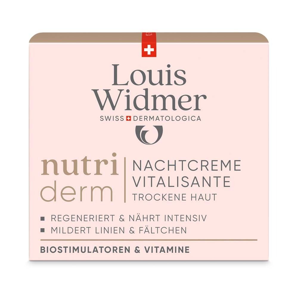 Boîte avec inscription : Louis Widmer, Nutriderm, Crème de nuit Vitalisante, peau sèche. Avec informations.