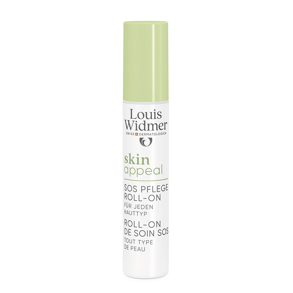 Louis Widmer skinappeal Roll-on SOS Soin, non parfumé. Flacon blanc avec capuchon vert.