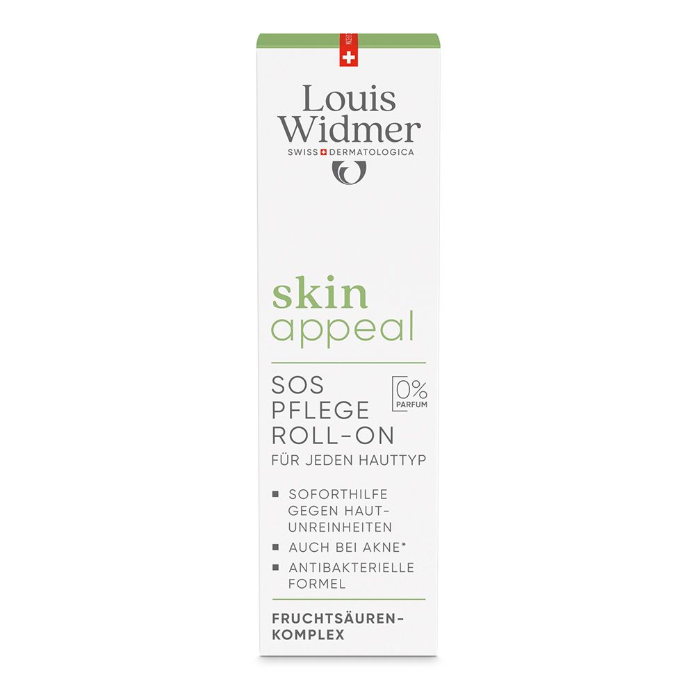 Emballage Louis Widmer skinappeal Roll-on SOS Soin. "0% Parfum" et "Complexe d'acides de fruits".