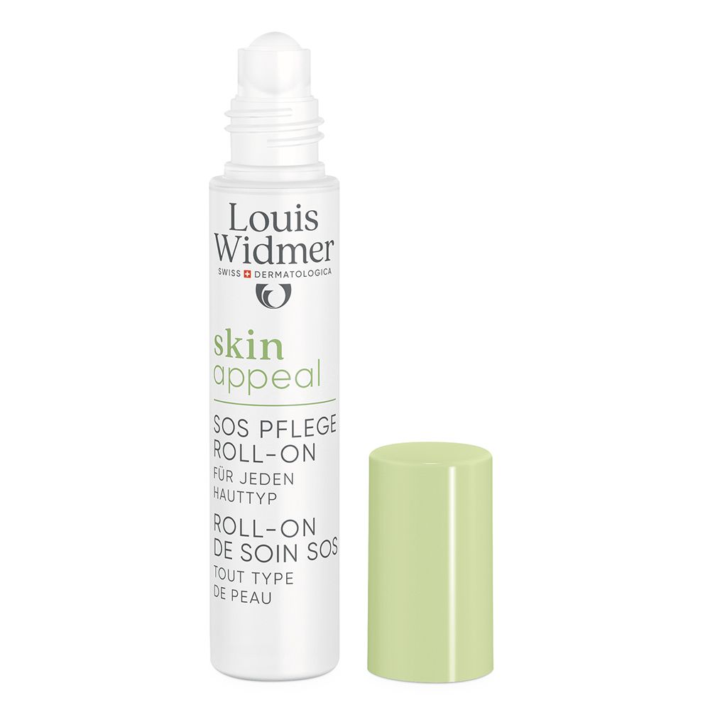 Louis Widmer skinappeal Roll-on SOS Soin, non parfumé. Le capuchon vert est à côté.