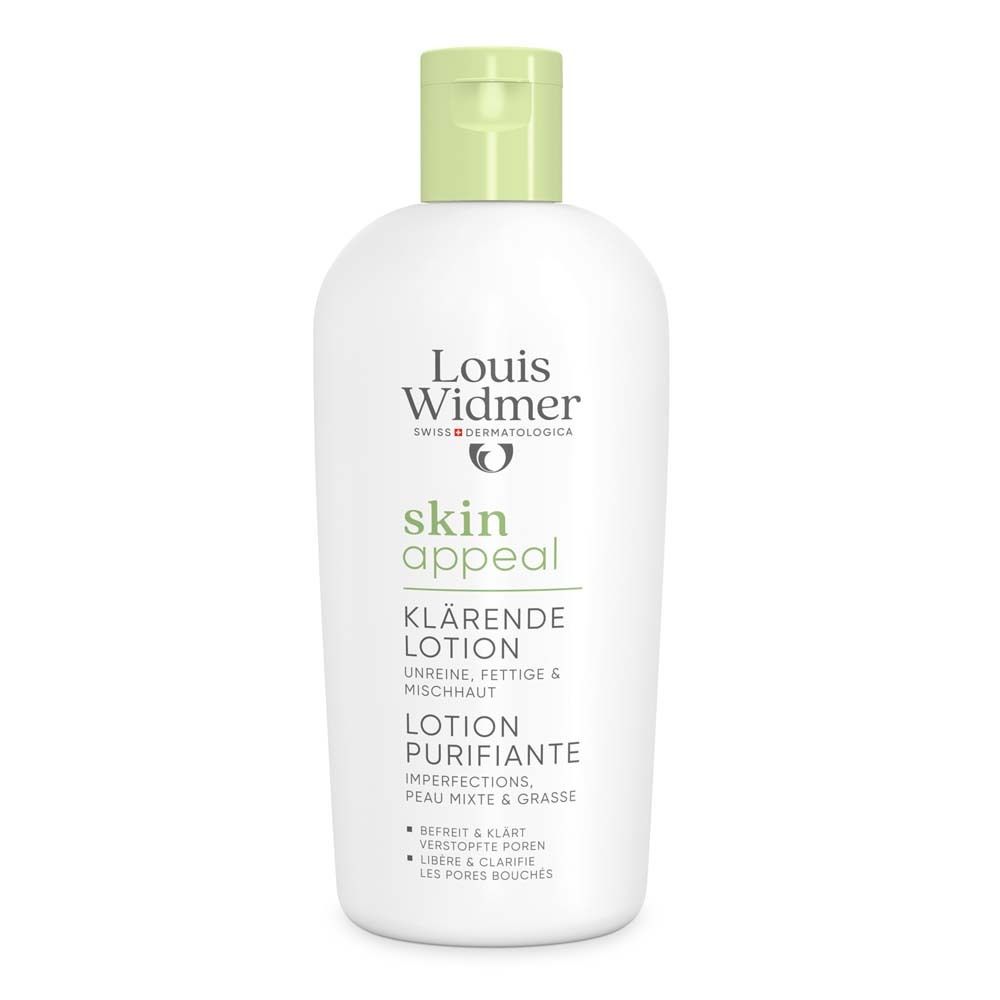 Flacon blanc à bouchon vert. Inscription: Louis Widmer, skin appeal, Lotion Clarifiante, Lotion Purifiante.