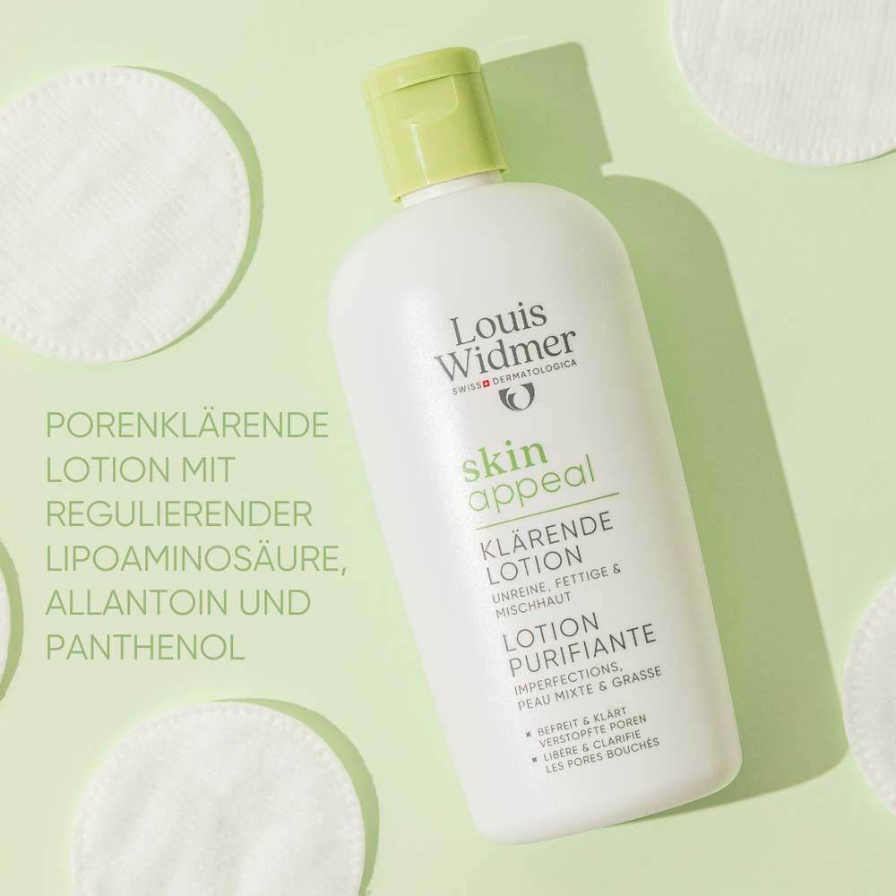 Flacon blanc à bouchon vert. Inscription: Louis Widmer, skin appeal, Lotion Clarifiante, Lotion Purifiante. Cotons.