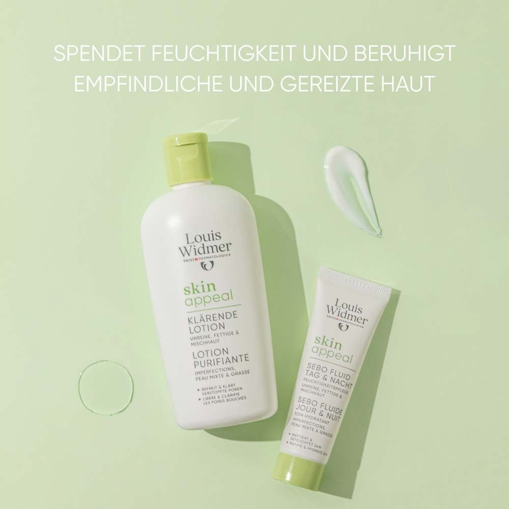 Deux produits: Lotion Clarifiante et Sebo Fluid. Inscription: Louis Widmer, skin appeal. Hydrate et apaise les peaux sensibles et irritées.