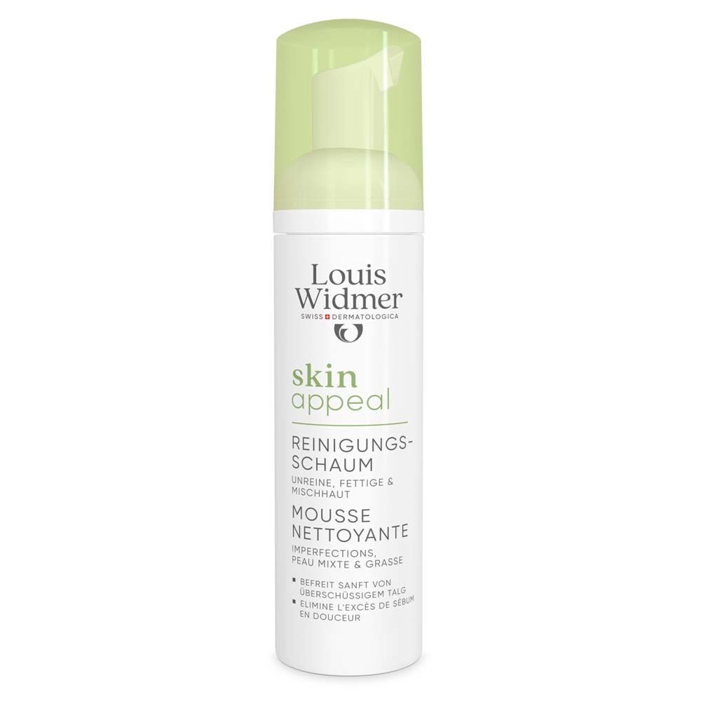 Flacon blanc et vert Louis Widmer skin appeal. Texte: Peaux mixtes et grasses. Mousse nettoyante.