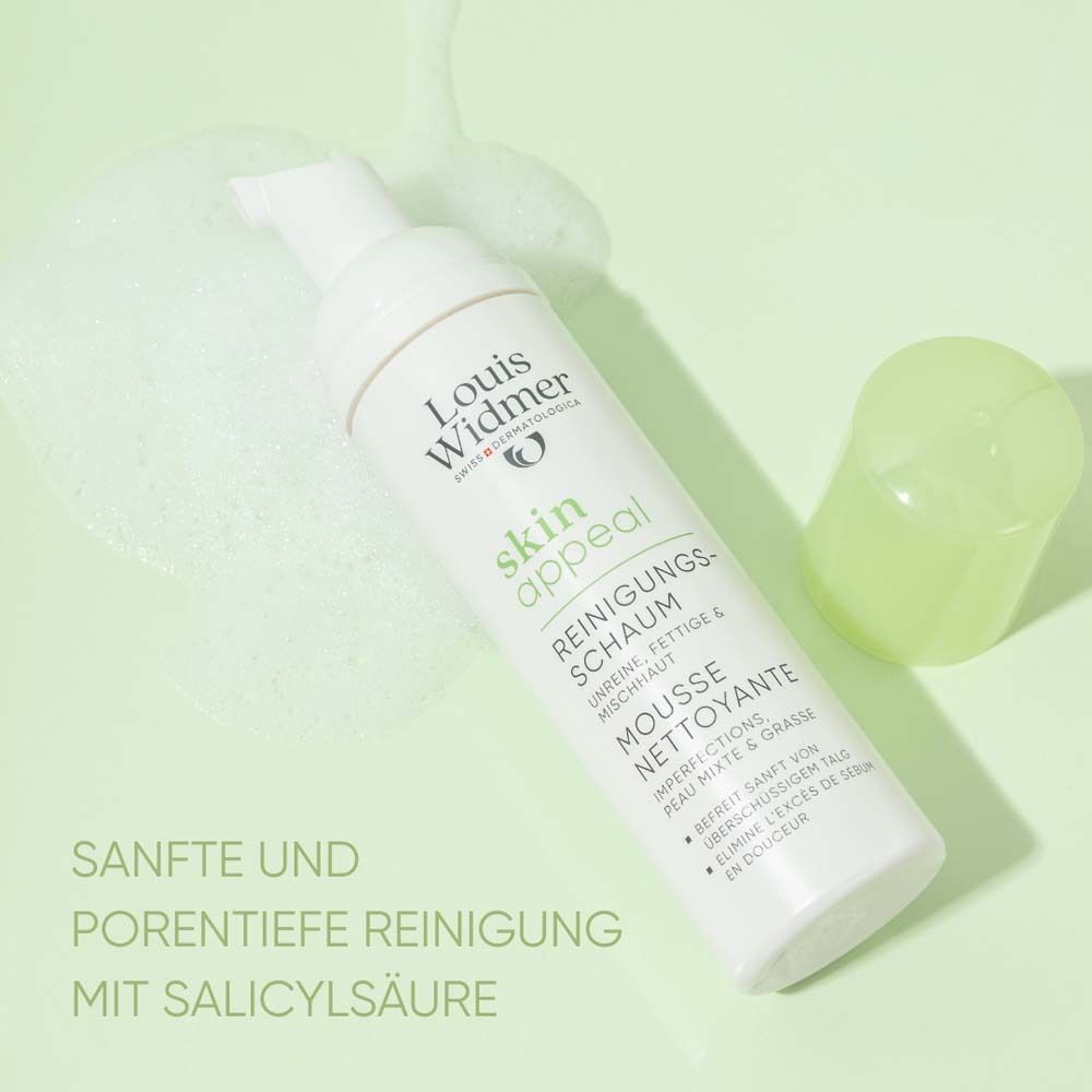 Flacon blanc et vert Louis Widmer skin appeal. Texte: Nettoyage doux et en profondeur avec acide salicylique.