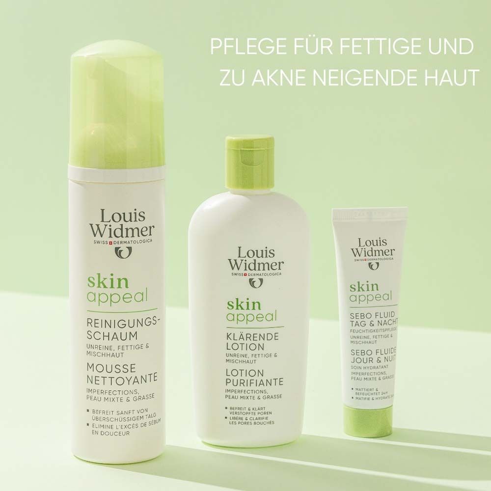 Trois produits: Louis Widmer skin appeal, lotion clarifiante et Sebo Fluid. Texte: Soin pour peaux grasses.
