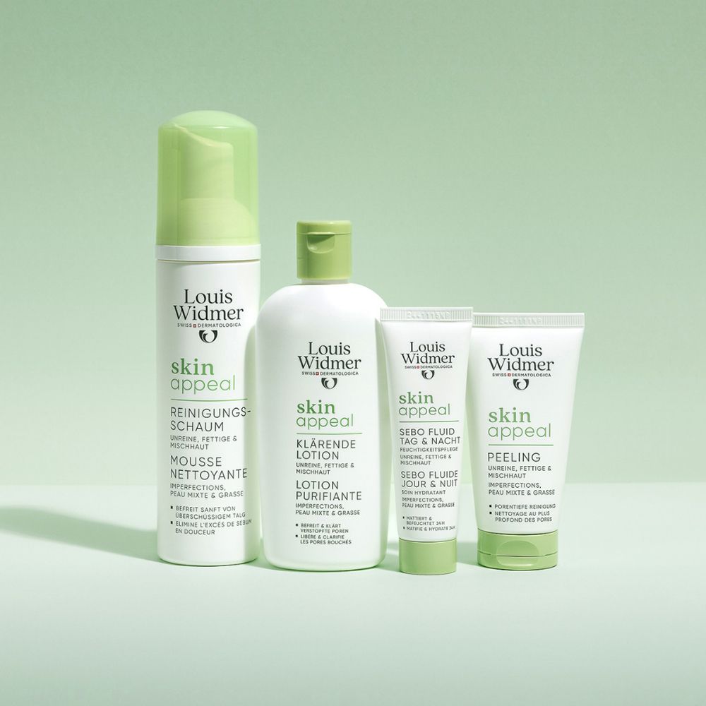 Ensemble de produits Louis Widmer skinappeal : mousse nettoyante, lotion, sébo fluide, peeling.