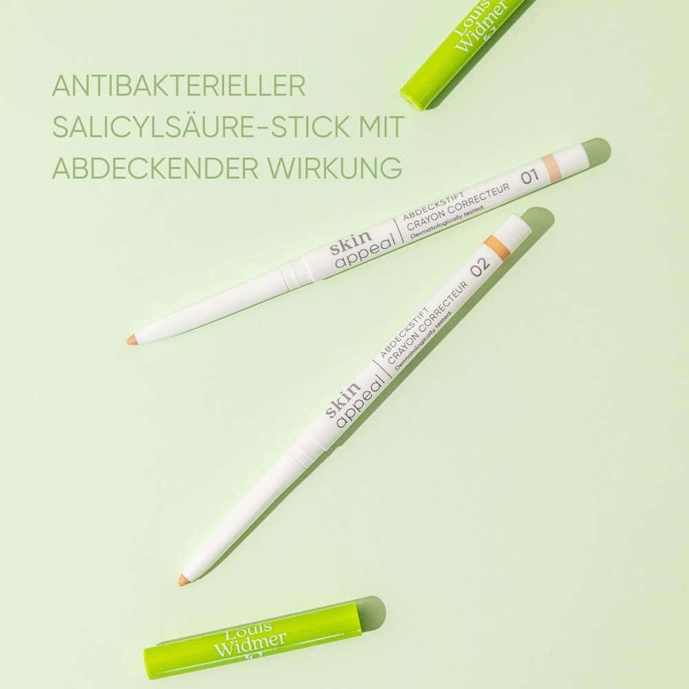 Emballage blanc, avec image du produit et inscription: skin appeal, Abdeckstift, 02, pour tous types de peau.