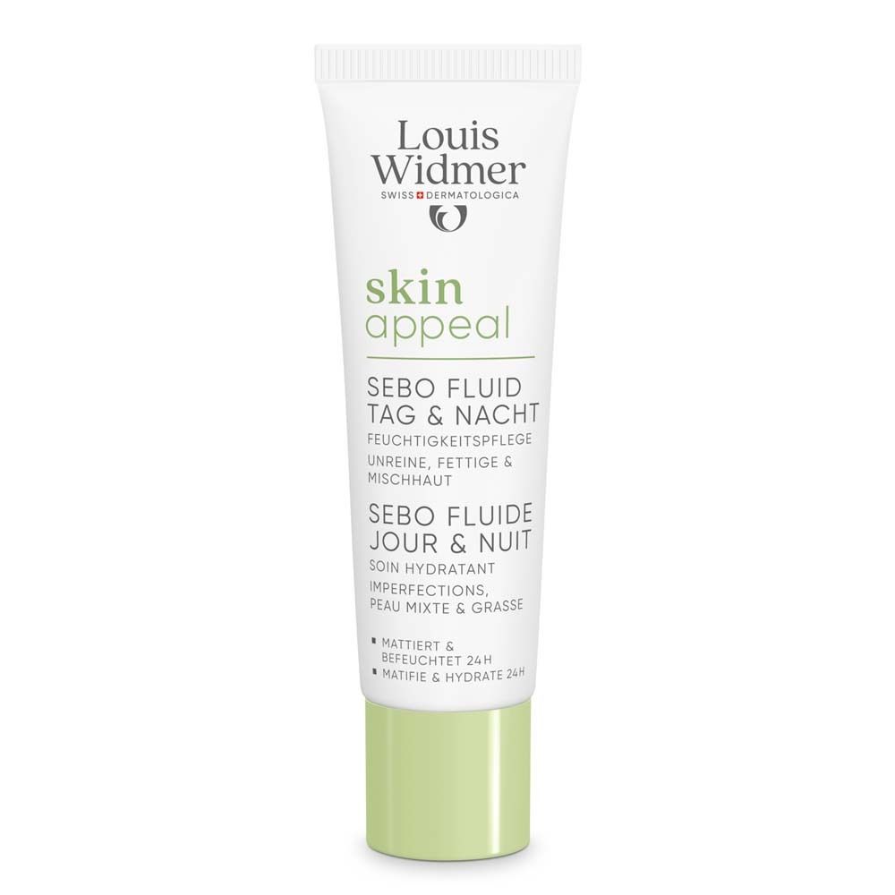 Tube blanc, bouchon vert. Inscription: Louis Widmer, skin appeal, Sebo Fluid Jour & Nuit. Texte en allemand et français.