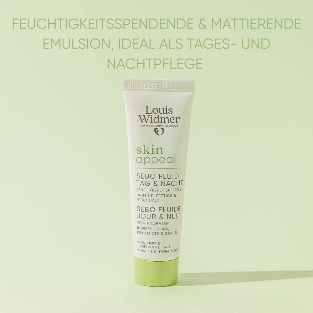 Tube blanc, bouchon vert. Inscription: Louis Widmer, skin appeal, Sebo Fluid Jour & Nuit. Texte en allemand et français.