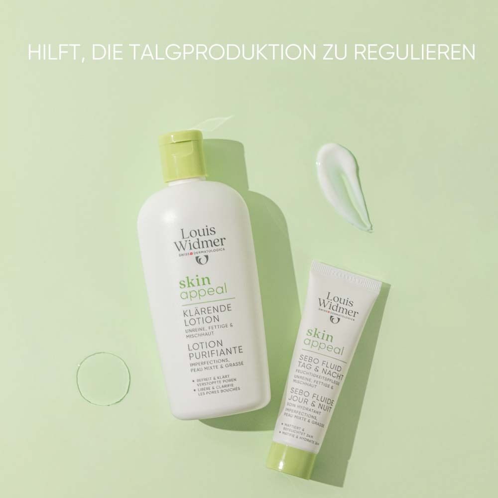 Lotion clarifiante et Sebo Fluid. Inscription: Louis Widmer, skin appeal. Emballage vert et blanc. Liquide vert à côté.