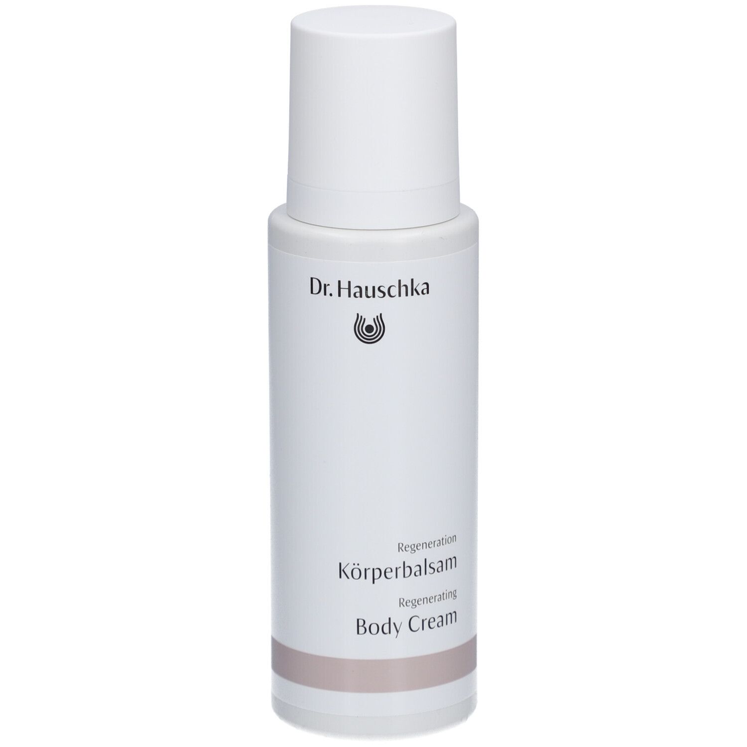 Flacon blanc avec bouchon à vis. Inscription: Dr. Hauschka, Regeneration Körperbalsam, Body Cream.