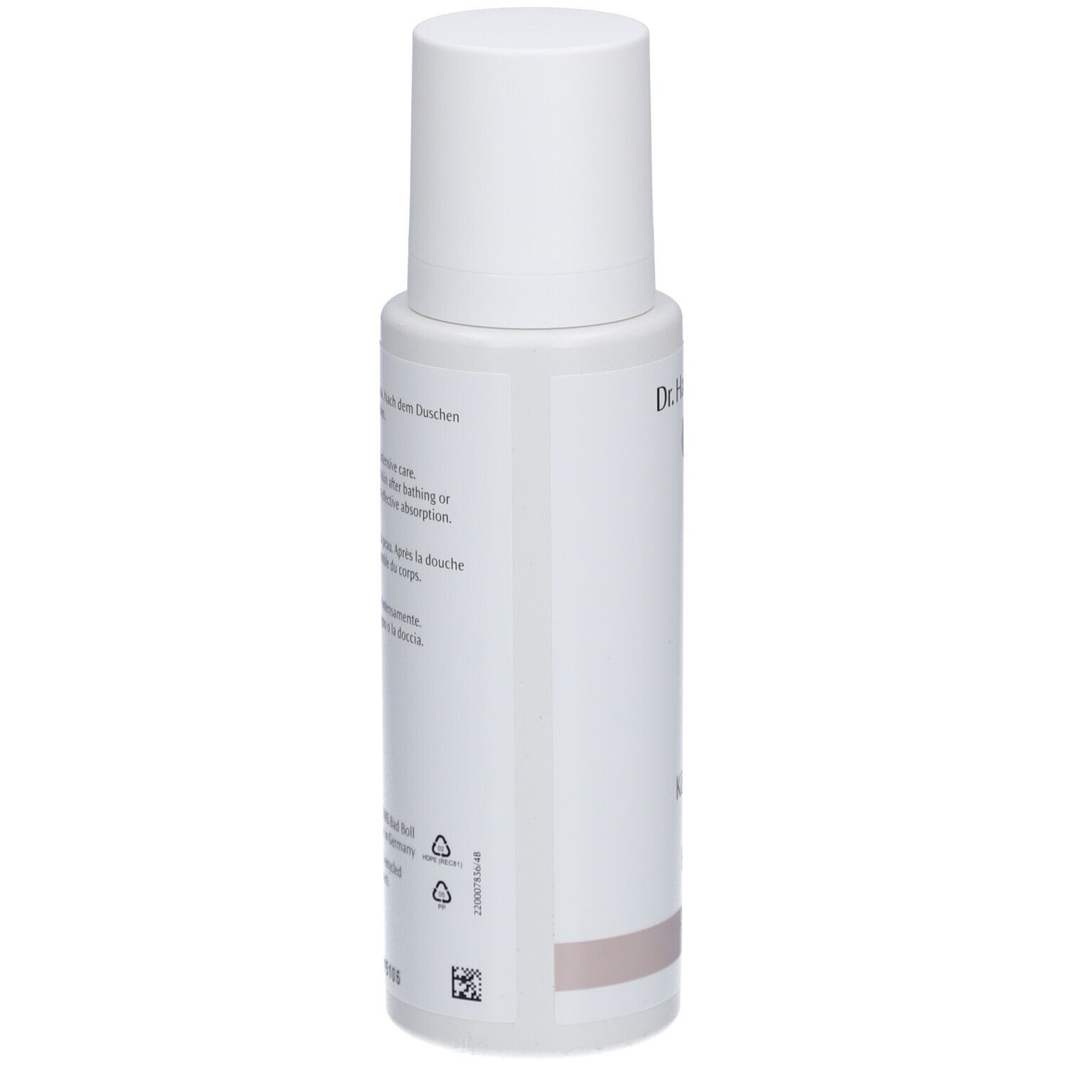 Flacon blanc, dos avec texte. Inscription: Dr. Hauschka, informations d'utilisation.