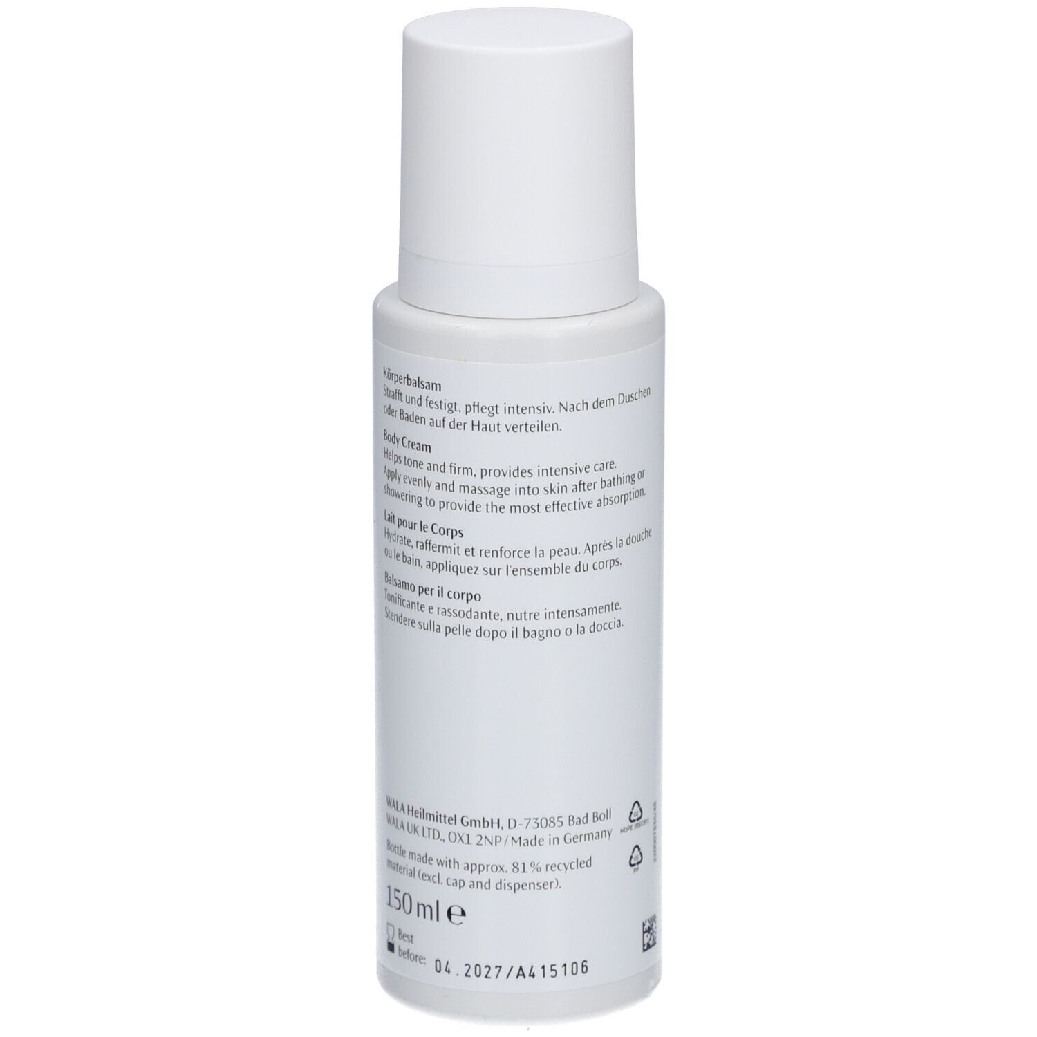 Flacon blanc, dos avec texte. Inscription: Dr. Hauschka, informations d'utilisation, 150 ml.