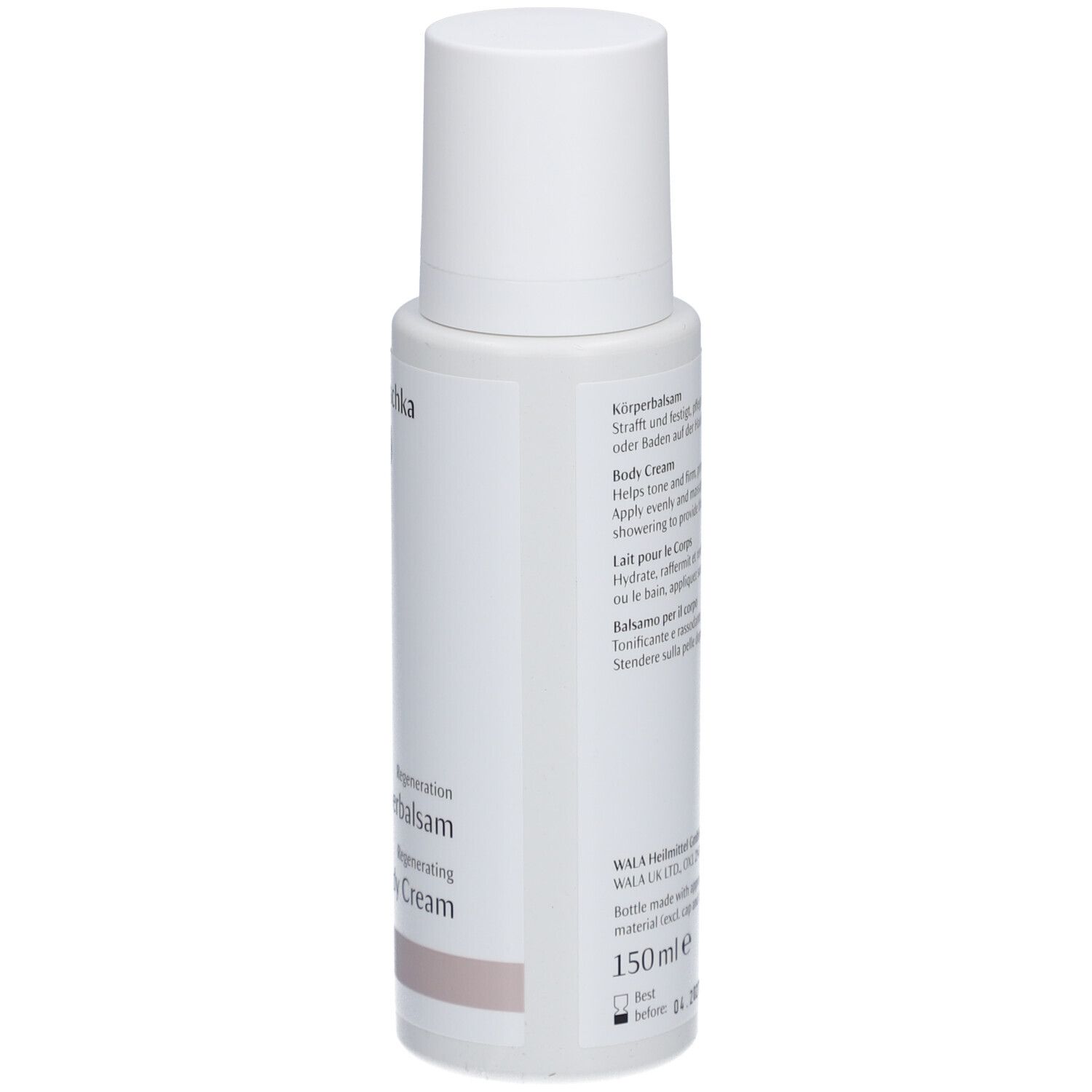 Flacon blanc, dos avec texte. Inscription: Dr. Hauschka, informations d'utilisation, 150 ml.