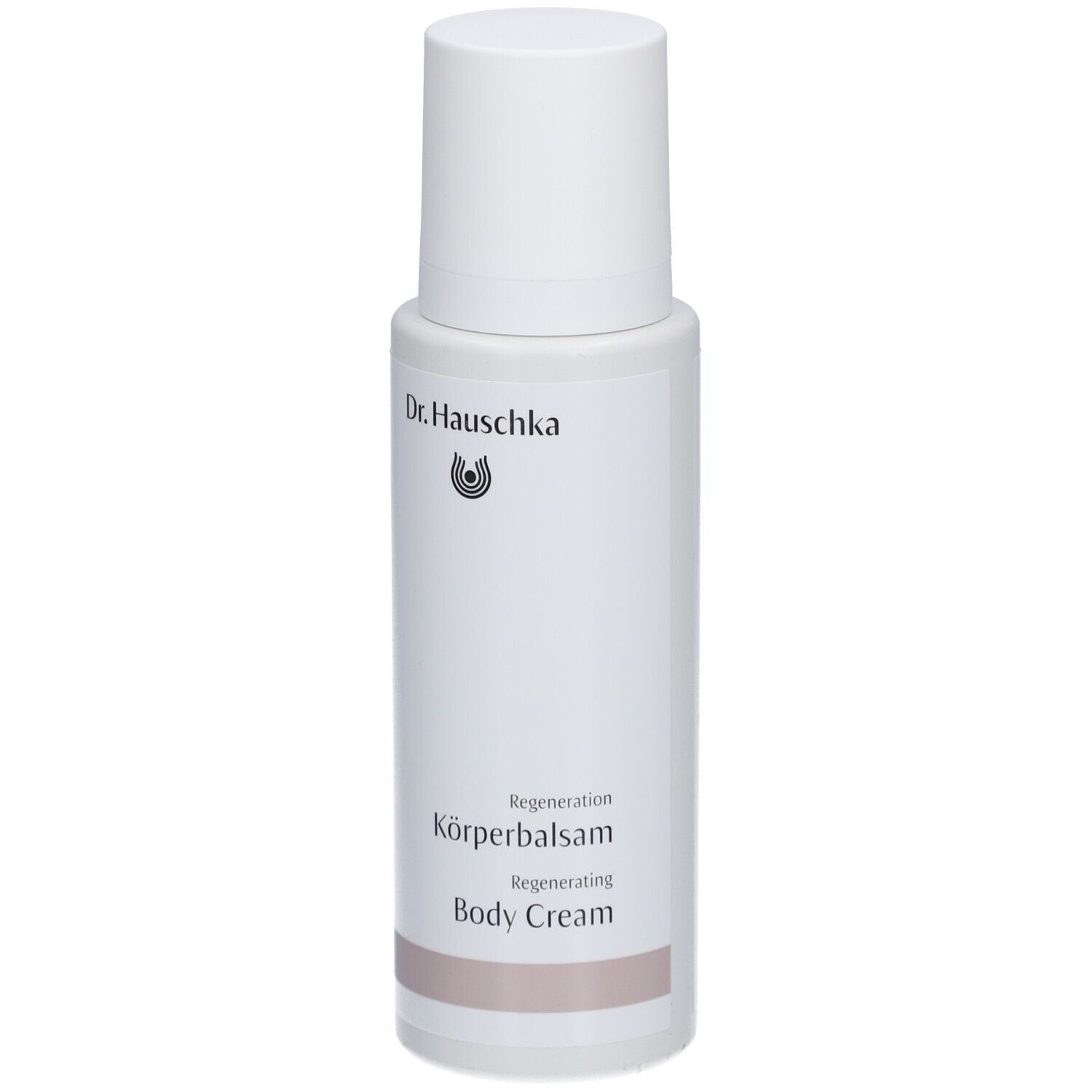 Flacon blanc avec bouchon à vis. Inscription: Dr. Hauschka, Regeneration Körperbalsam, Body Cream.