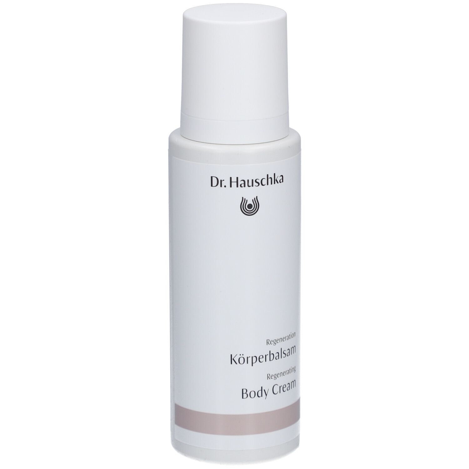 Flacon blanc avec bouchon à vis. Inscription: Dr. Hauschka, Regeneration Körperbalsam, Body Cream.