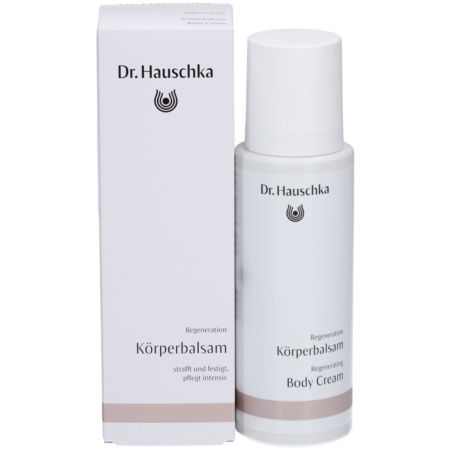 Flacon et emballage du produit. Inscription: Dr. Hauschka, Regeneration Körperbalsam, Body Cream.