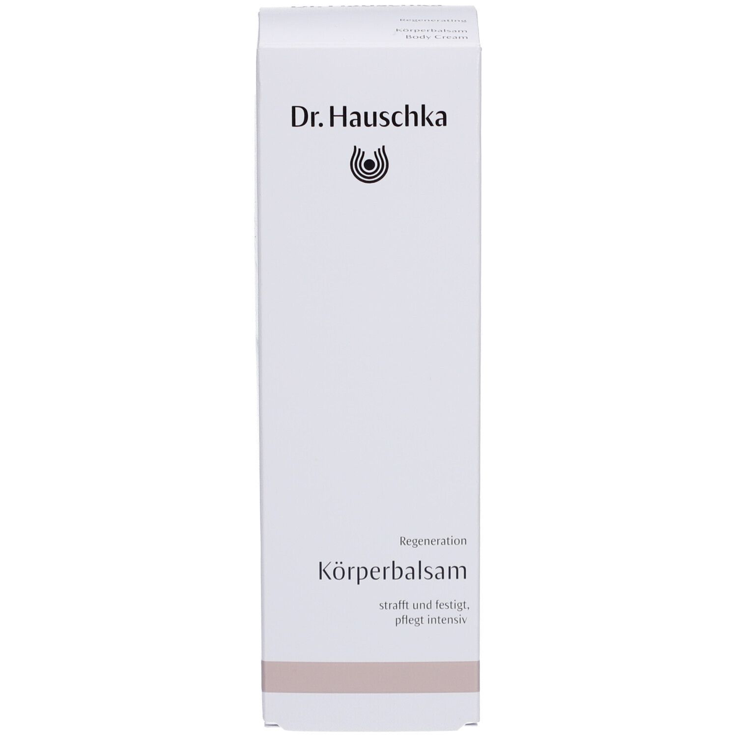 Emballage du produit. Inscription: Dr. Hauschka, Regeneration Körperbalsam, raffermit et tonifie, soigne intensément.