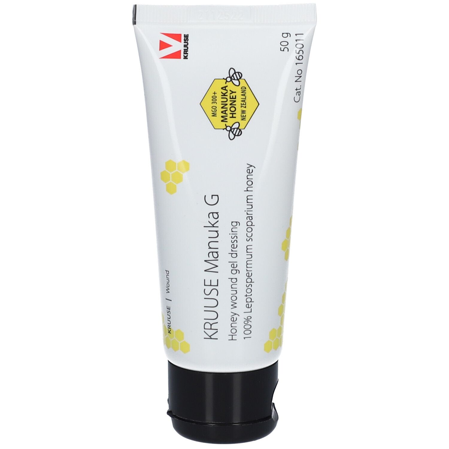 Tube de KRUUSE Manuka G, 50 g. Pansement gel au miel de Manuka. Illustrations de nids d'abeilles jaunes.