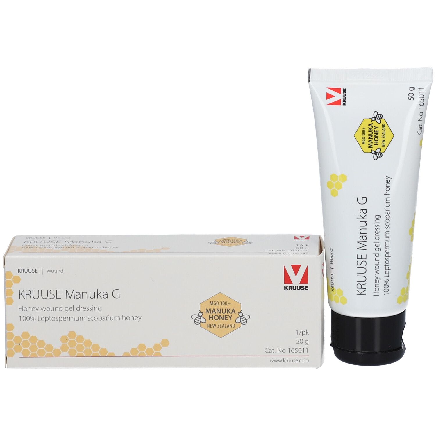 Tube et emballage KRUUSE Manuka G. Pansement gel au miel de Manuka. Illustrations de nids d'abeilles jaunes.