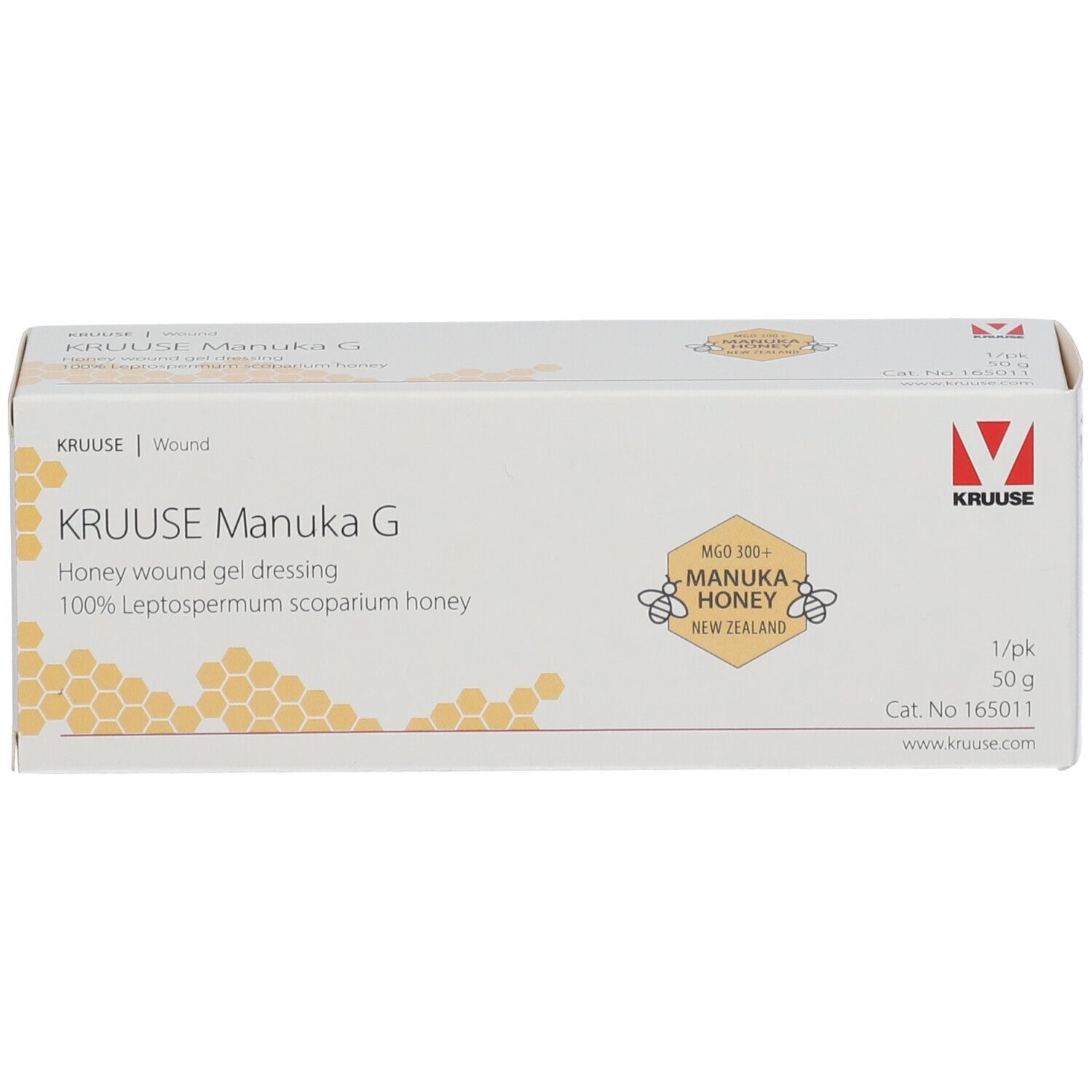 Emballage de KRUUSE Manuka G. Pansement gel au miel de Manuka. Illustrations de nids d'abeilles jaunes. 50 g.
