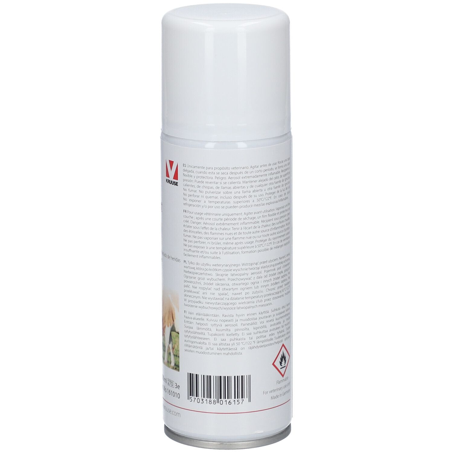 Dos du spray blanc. Texte en plusieurs langues. Avertissement et symbole de danger.