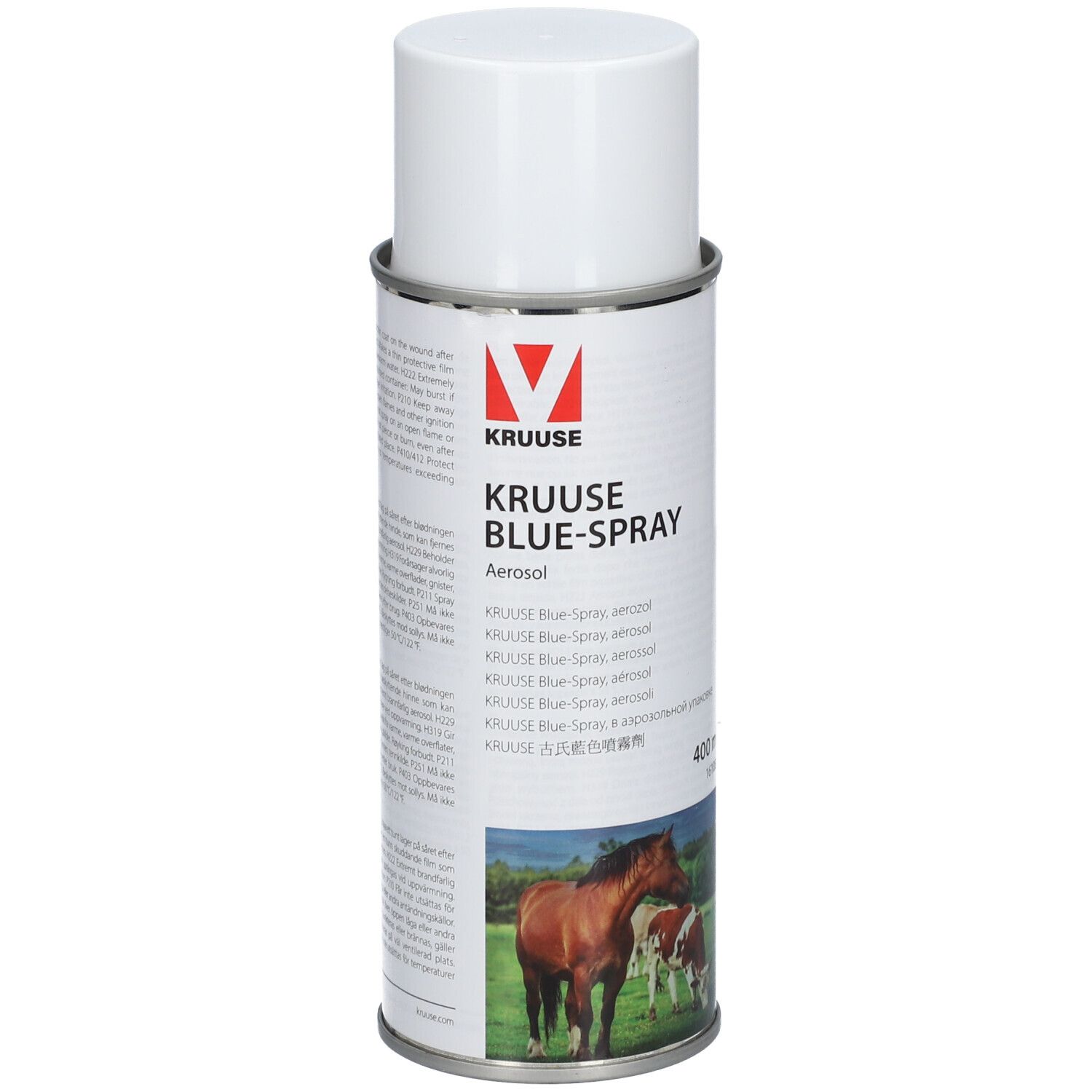Aérosol KRUUSE BLUE-SPRAY avec bouchon blanc. Image d'un cheval et de vaches. Contient 400 ml.
