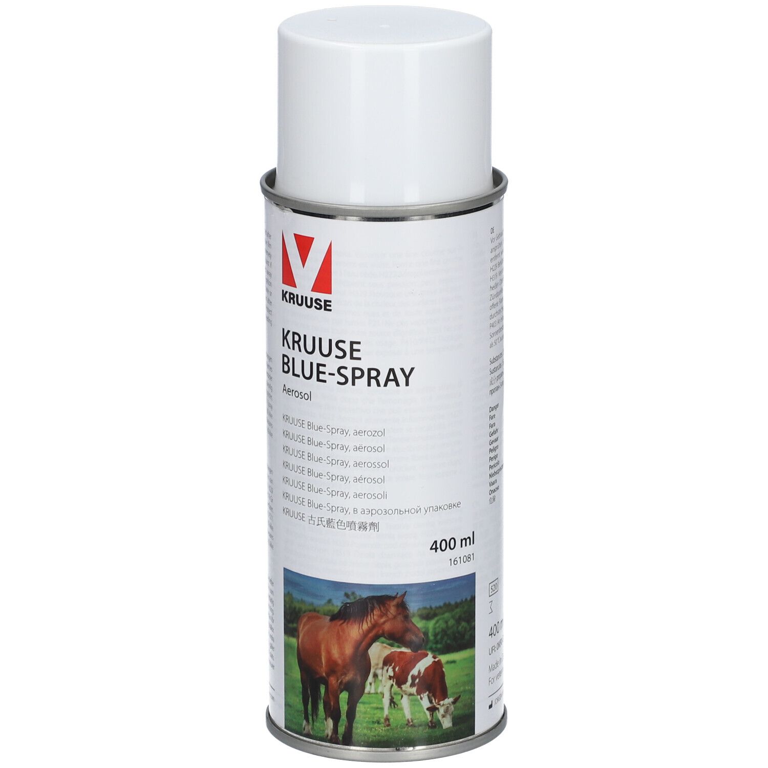 Aérosol KRUUSE BLUE-SPRAY avec bouchon blanc. Contient 400 ml.