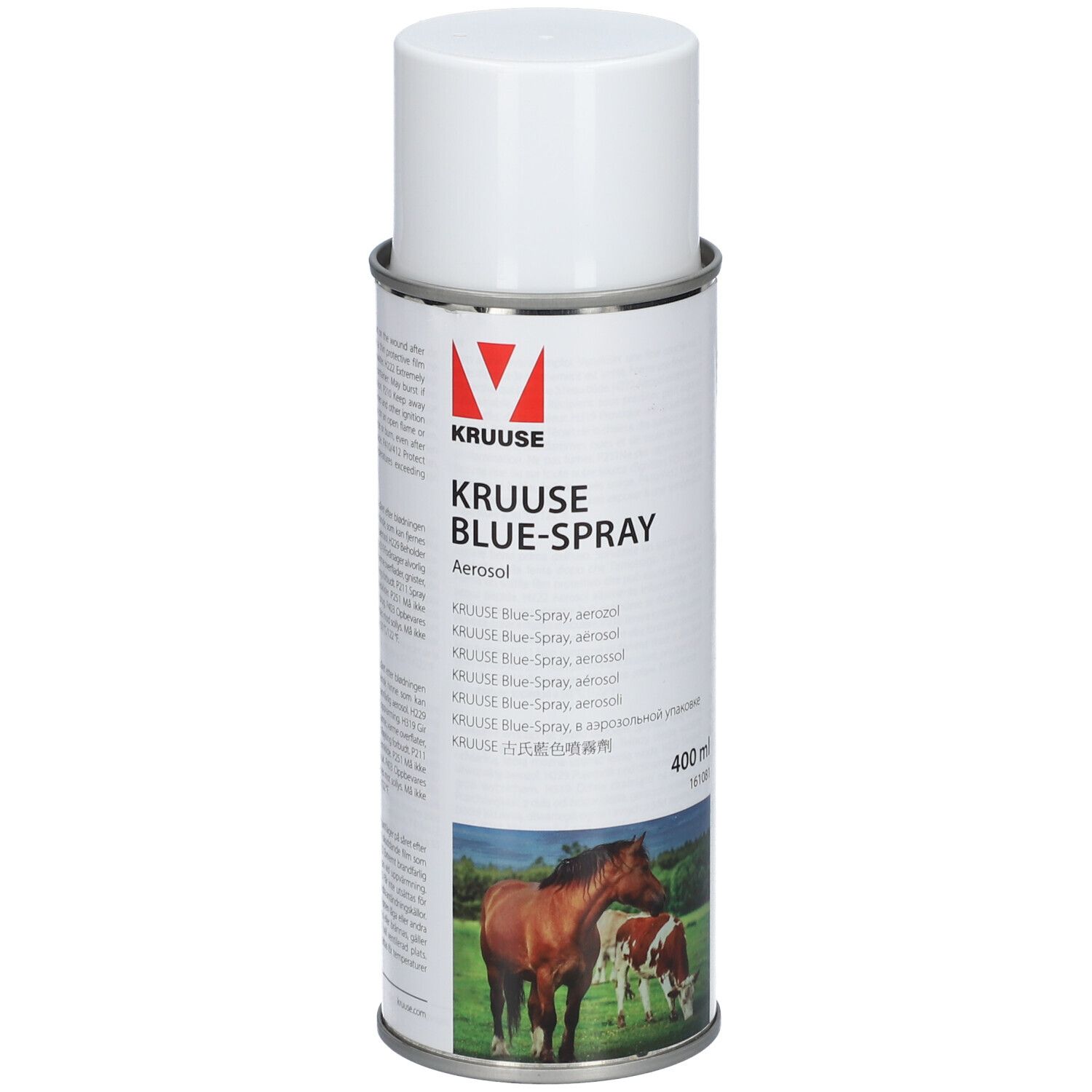 Aérosol KRUUSE BLUE-SPRAY avec bouchon blanc. Image d'un cheval et de vaches. Contient 400 ml.