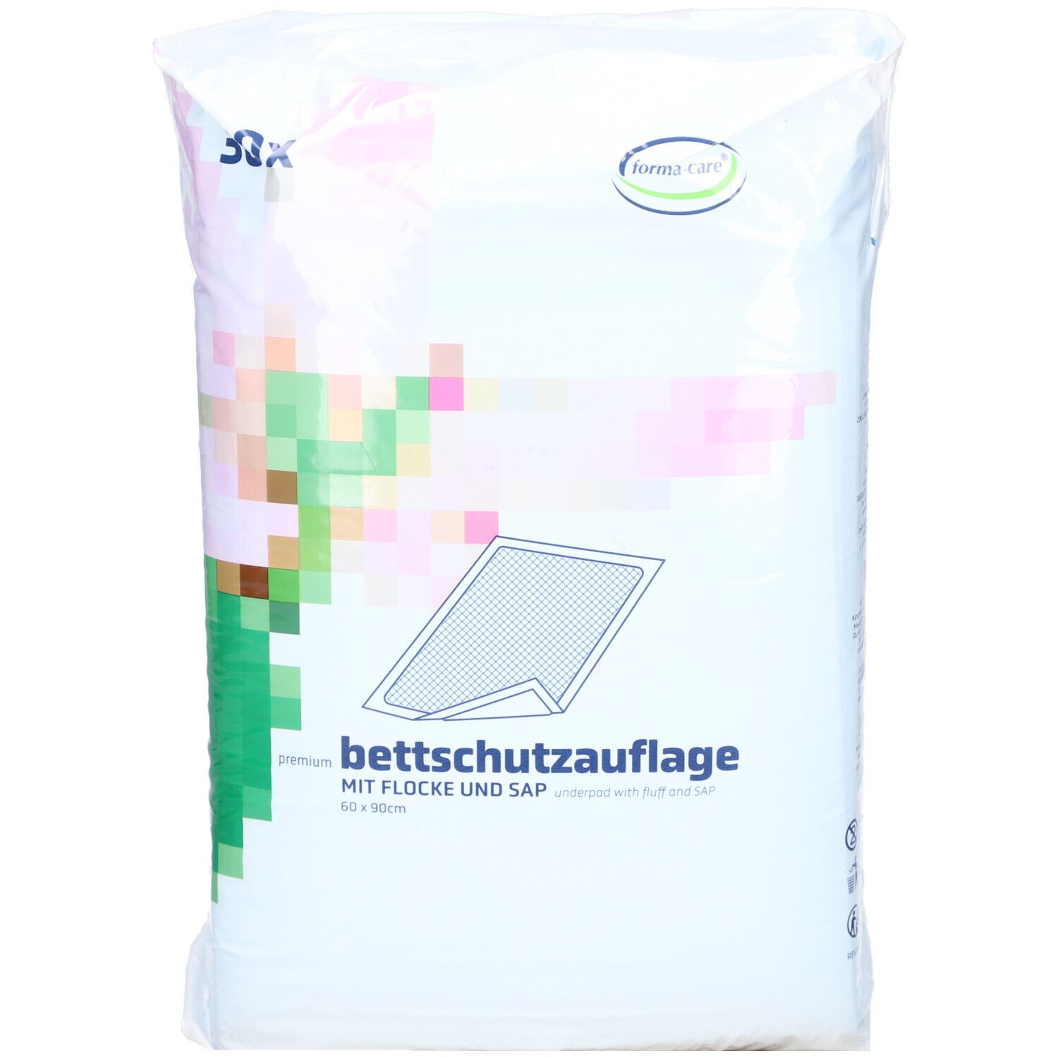 Emballage FORMA-care Bettschutzauflage. Inscription : Premium, 60x90cm, avec flocons et SAP. Logo FORMA-care. Emballage plastique blanc.