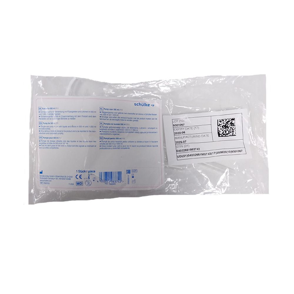 Emballage avec informations produit et code-barres. Inscription: schülke. Marquage CE.