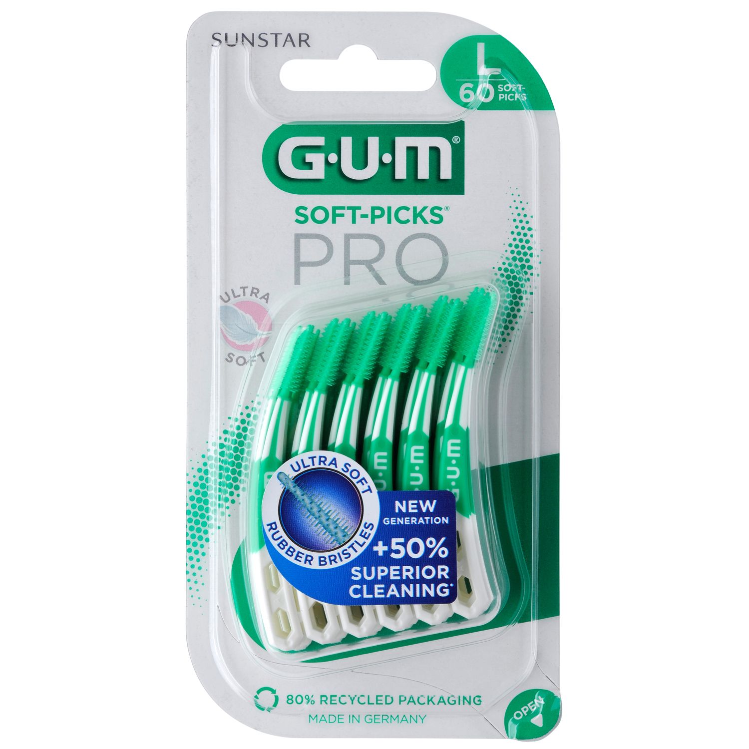 Emballage de GUM SOFT-PICKS PRO Large. 60 pièces. Têtes de brosse vertes, manche blanc. Emballage avec logo de recyclage.