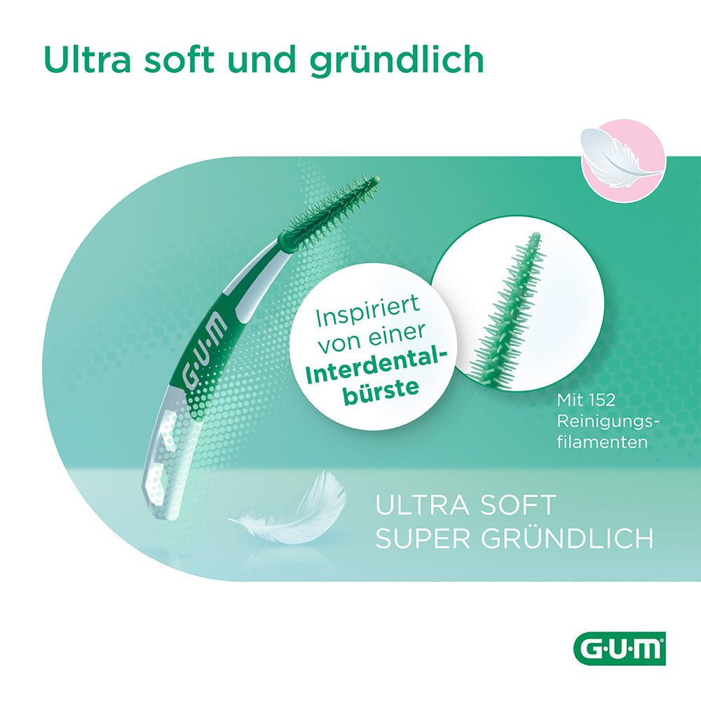 Gros plan sur une brossette interdentaire GUM SOFT-PICKS PRO. Tête de brosse verte, manche blanc. Détail des brins.