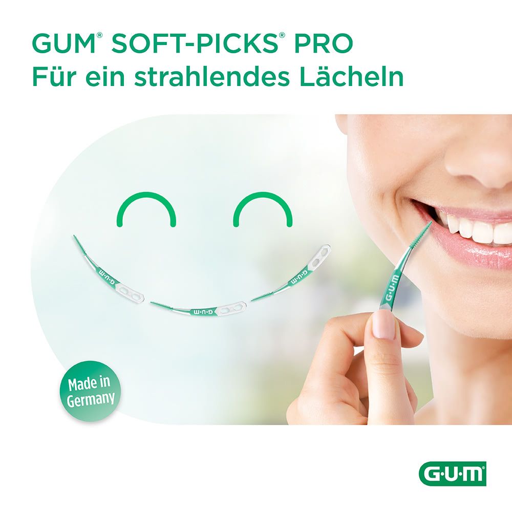 Dents avec brossettes interdentaires GUM SOFT-PICKS PRO. Produit en main. Fond : visage souriant fait de brosses.