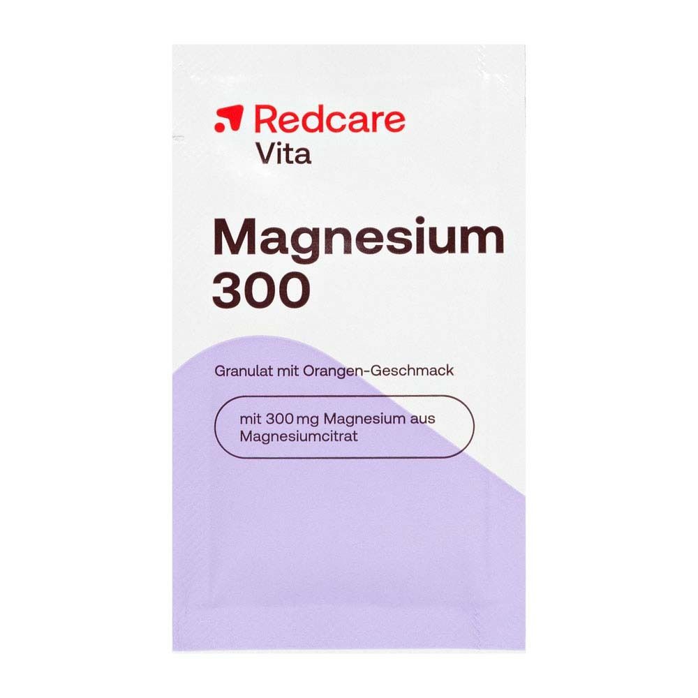 Sachet individuel Redcare Magnesium 300. Blanc et violet. Texte : Magnesium 300, Granulés goût orange.