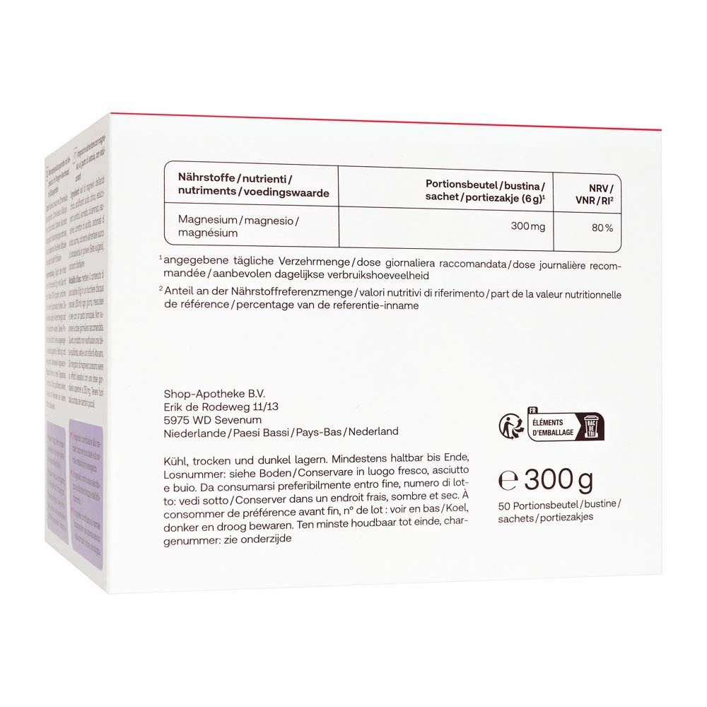 Dos de la boîte Redcare Magnesium 300. Texte en allemand. Informations nutritionnelles, fabricant.
