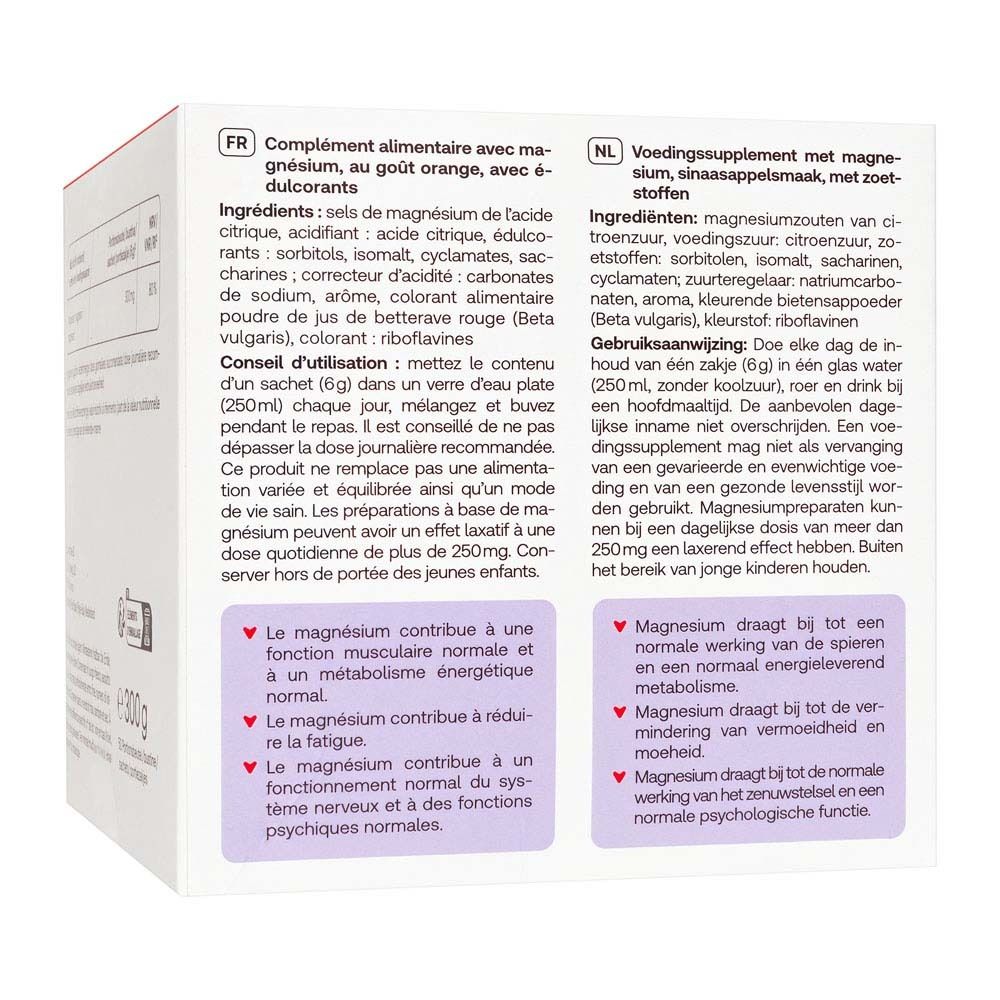 Dos de la boîte Redcare Magnesium 300. Texte en français et néerlandais. Ingrédients, utilisation.